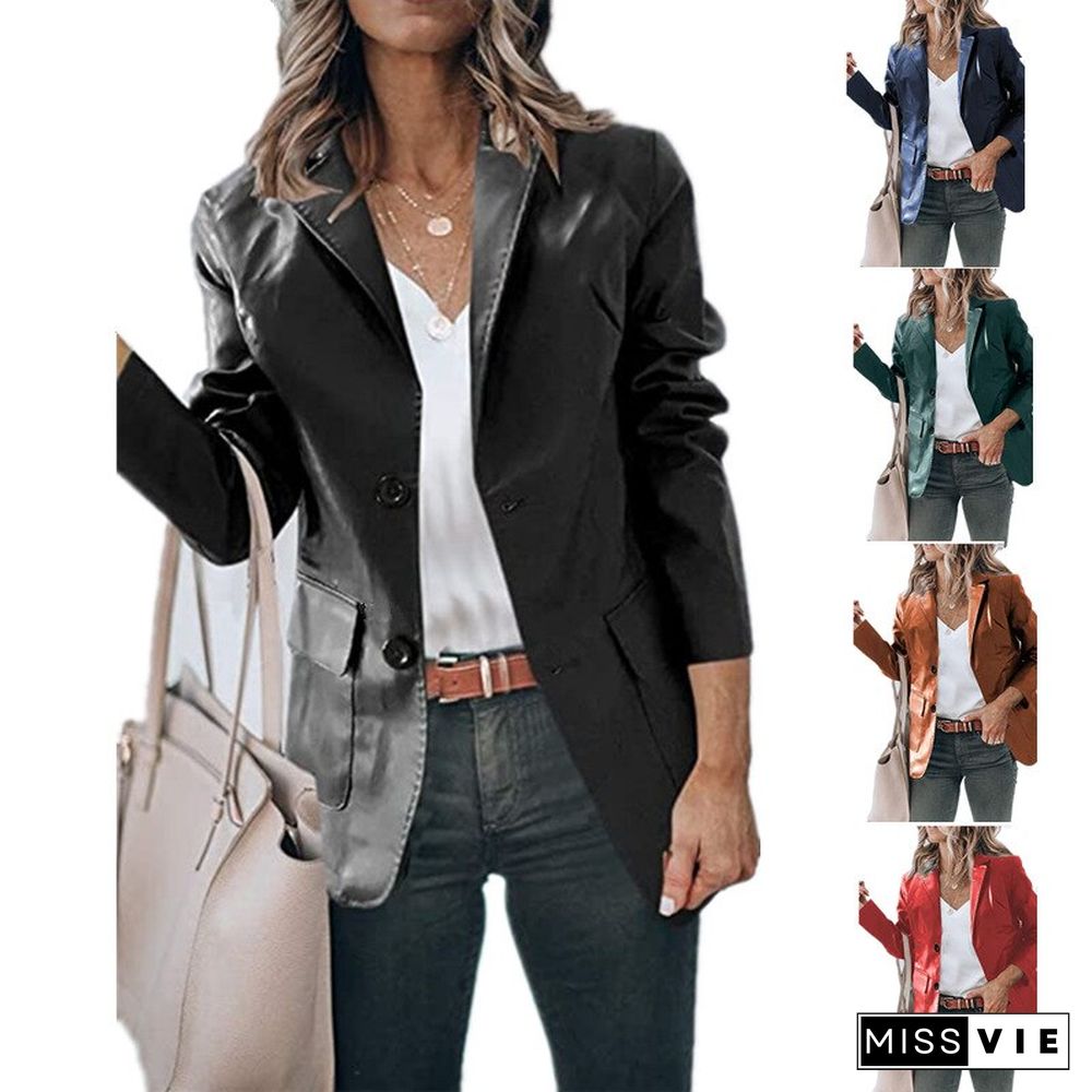 New Winter Jacket Women Temperament Slim Lapel Single-breasted Solid Color PU Leather Jacket Long-sleeved Top Coats