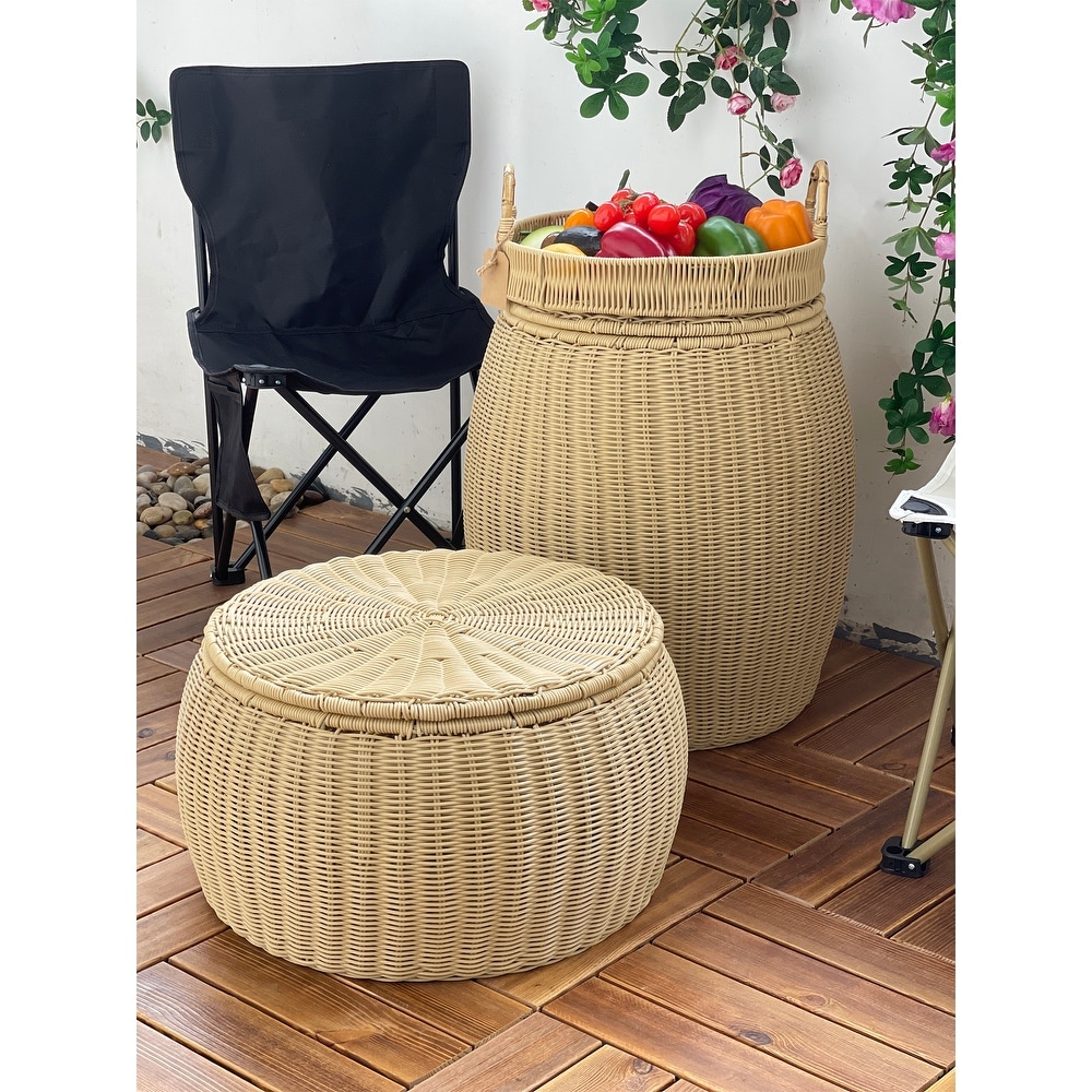 Outdoor Indoor Wicker Storage Ottoman With Lid Boho Side Table