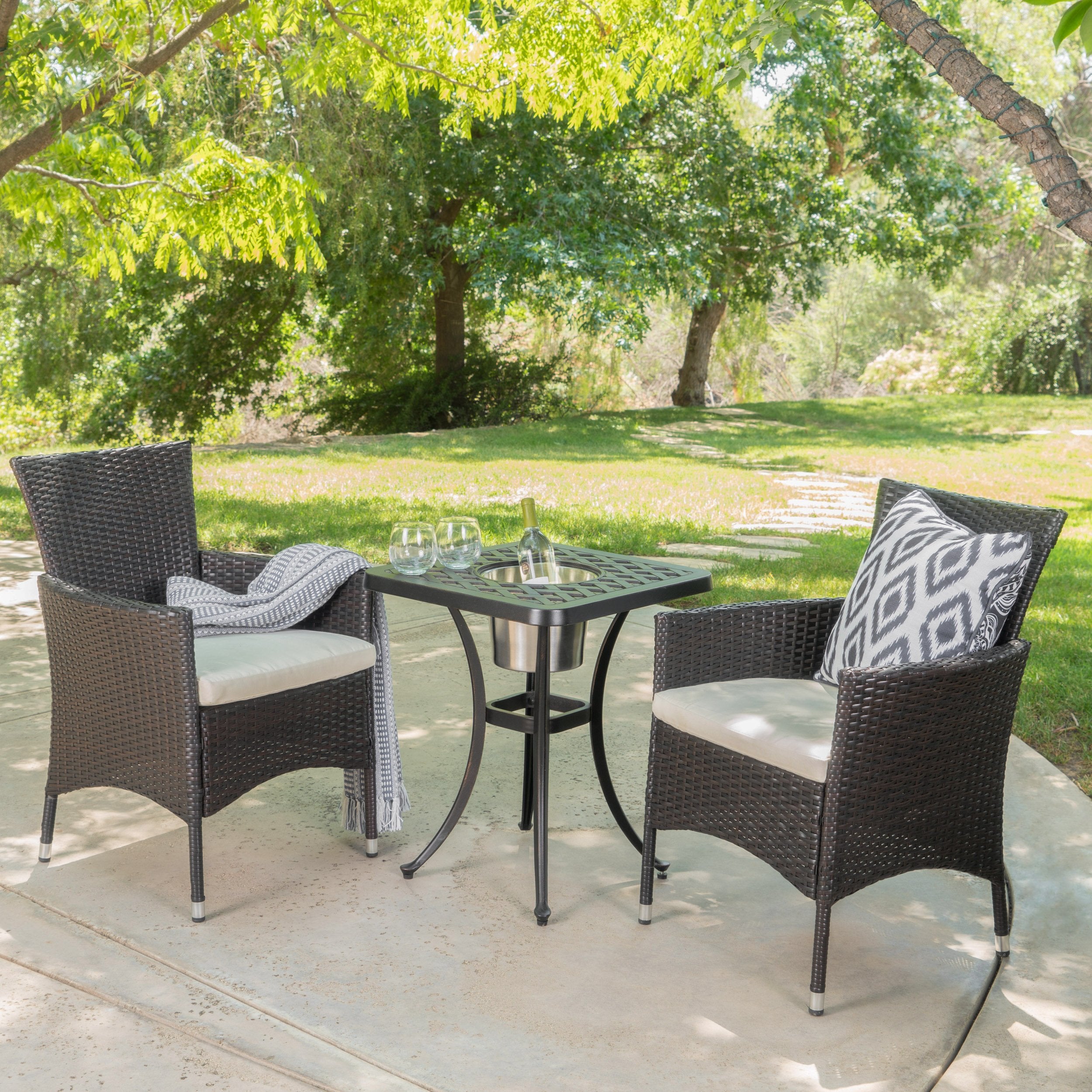 Ariel Outdoor 3Pc Wicker Bistro Set w/ Water Resistant Cushions