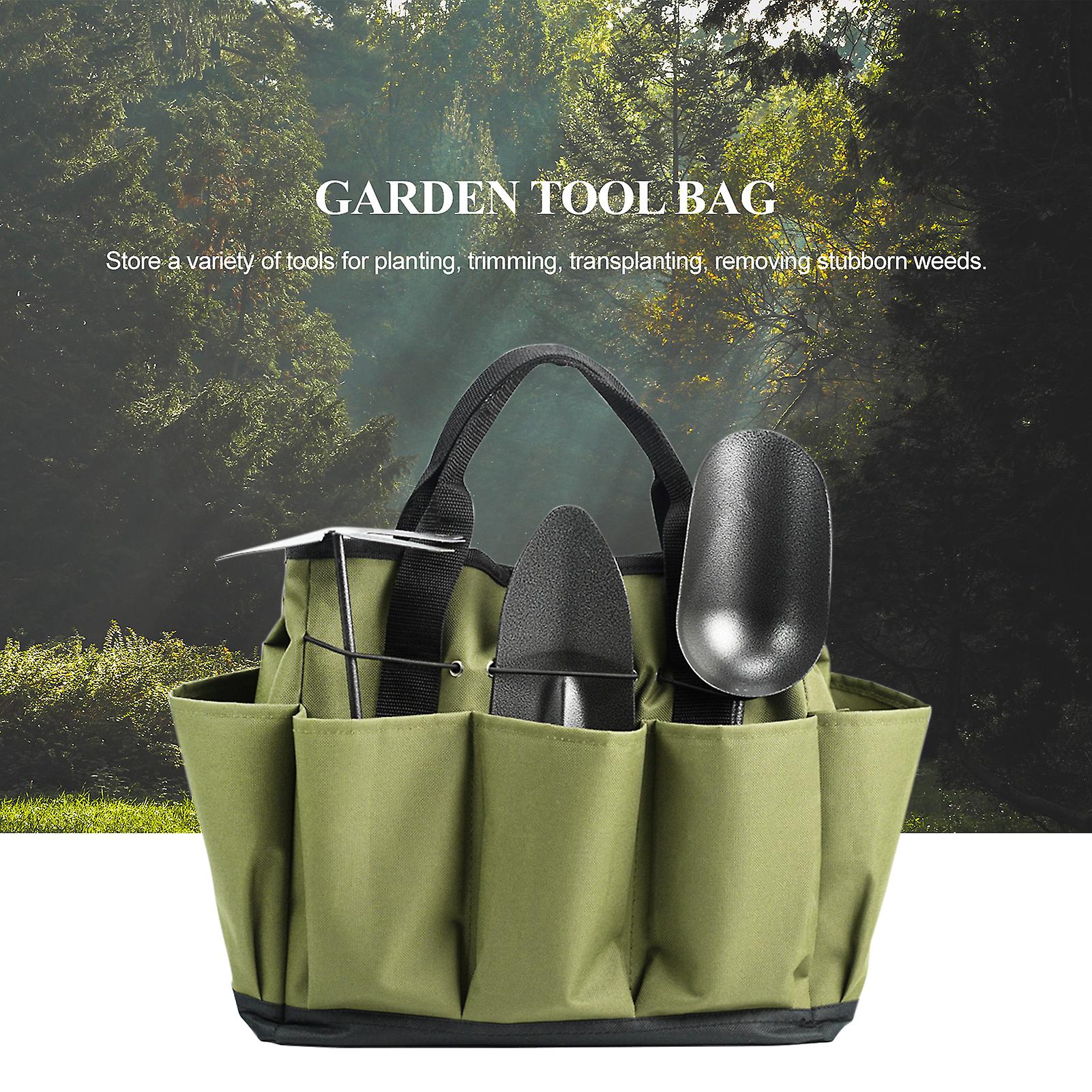 Army Green Gardening Tote Bag With 8 Pockets Gardening Tool Kit Organizer Hand Tool Storage Bag Lawn Yard Bag Carrier