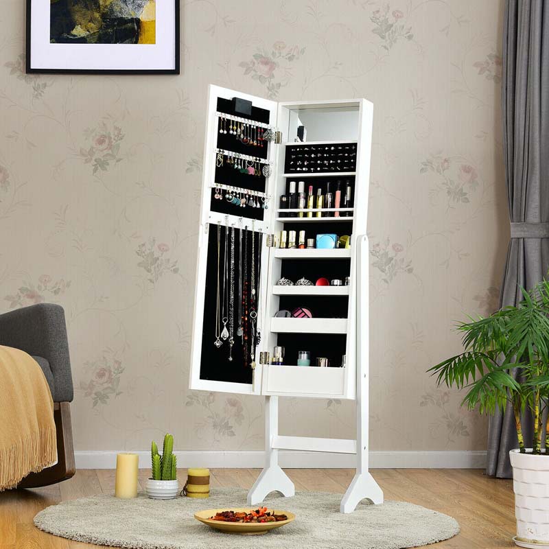 18 LEDs Large Standing Jewelry Armoire Cabinet with Full Length Mirror, 16 Lipstick Holder, 1 Inside Makeup Mirror