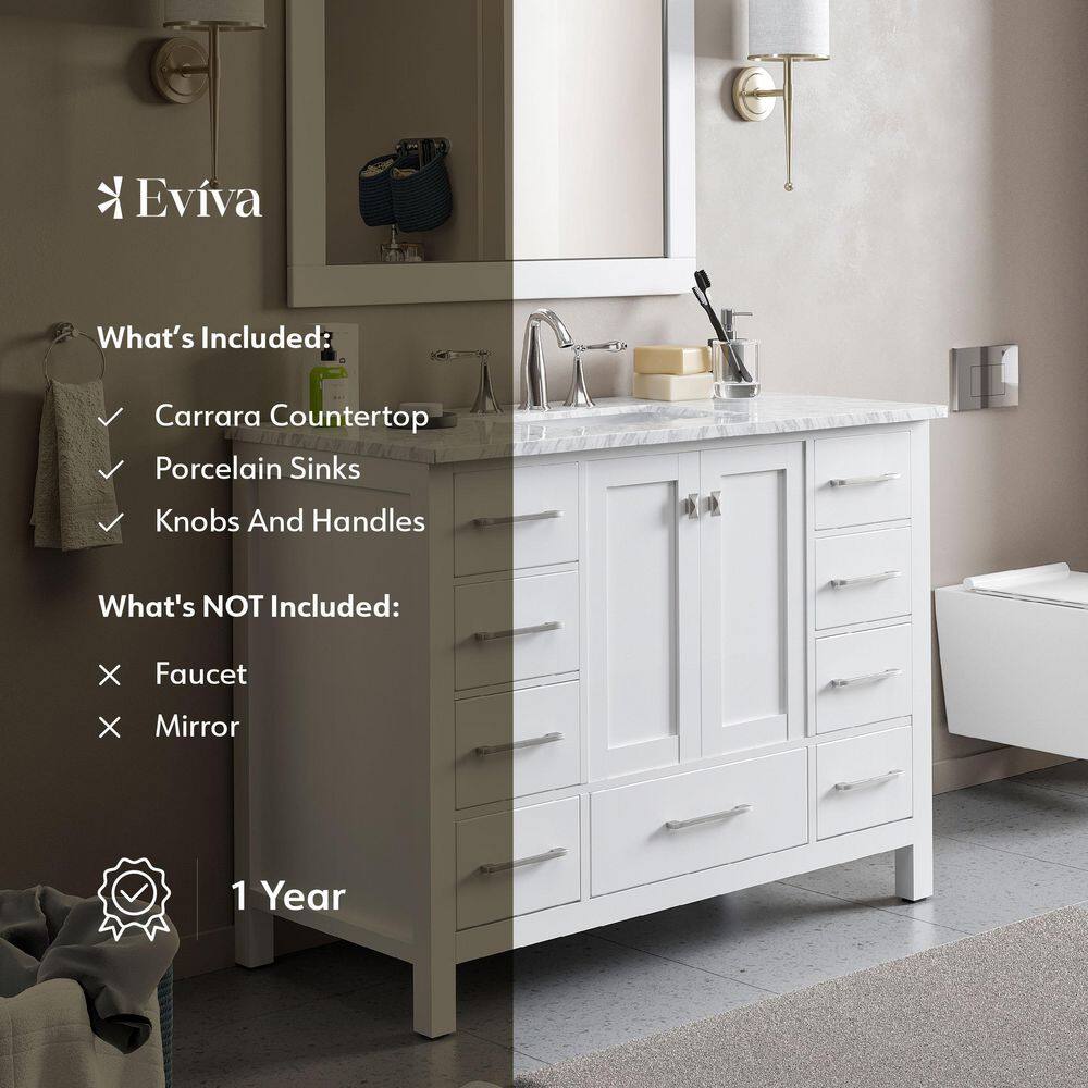 Eviva Aberdeen 42 in. W x 22 in. D x 34 in. H Bath Vanity in White with White Carrara Marble Top with White Sink EVVN412-42WH