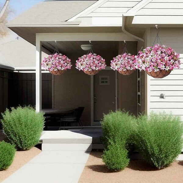 Artificial Silk Flowers Hanging Baskets Outdoors，Chrysanthemum with Eucalyptus Leaves in Metal Coconut Lining Flowerpot