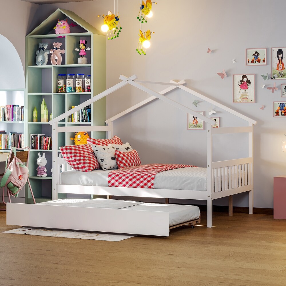 Full House Bed with Trundle  Kids Playhouse Platform Bed Frame with Storage Shelves  Montessori Be for Kids Girls Boys  White