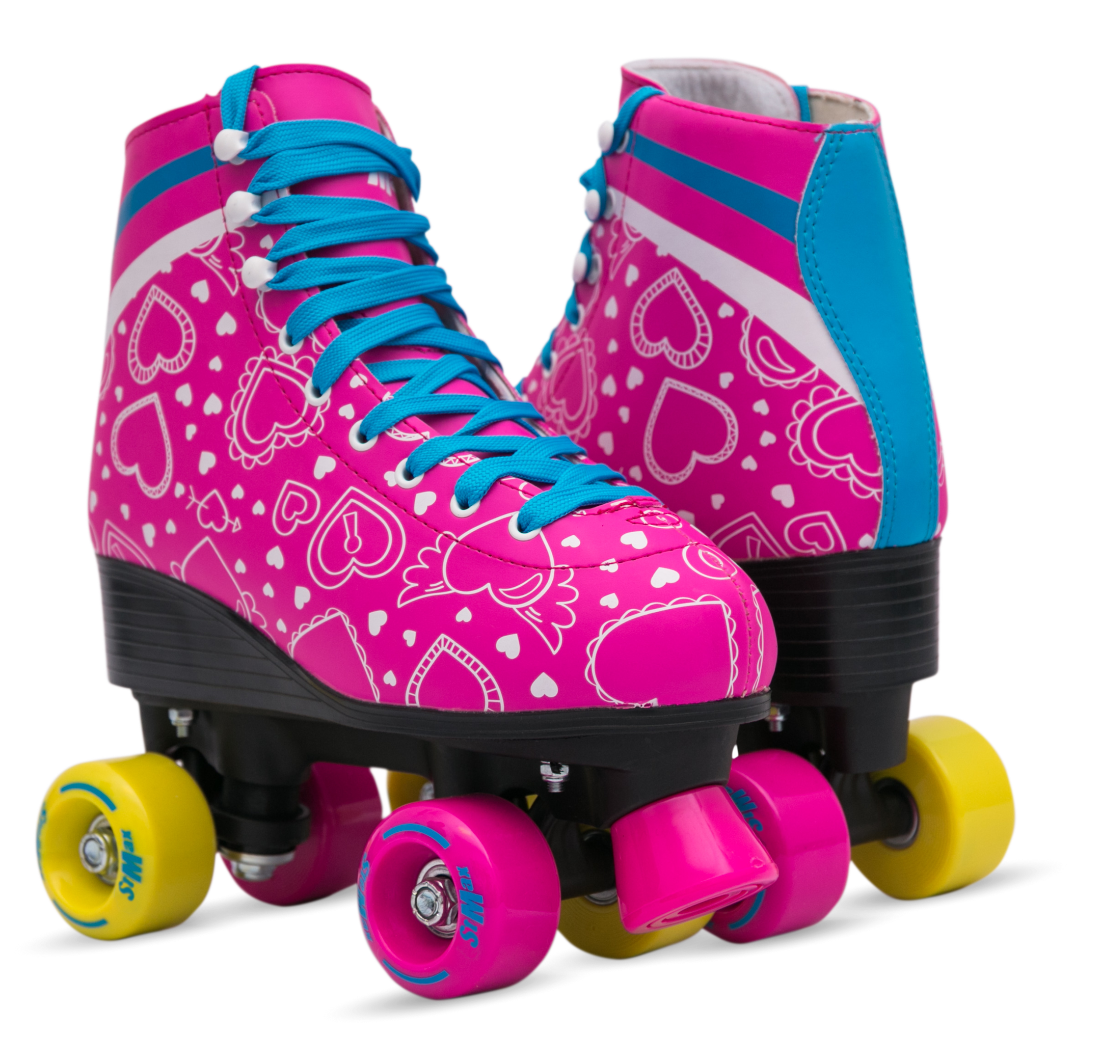 Quad Roller Skates for Girls and Women size 6.5 Youth Pink and Blue Heart Outdoor Indoor and Rink Skating Classic Hightop Fashionable Design