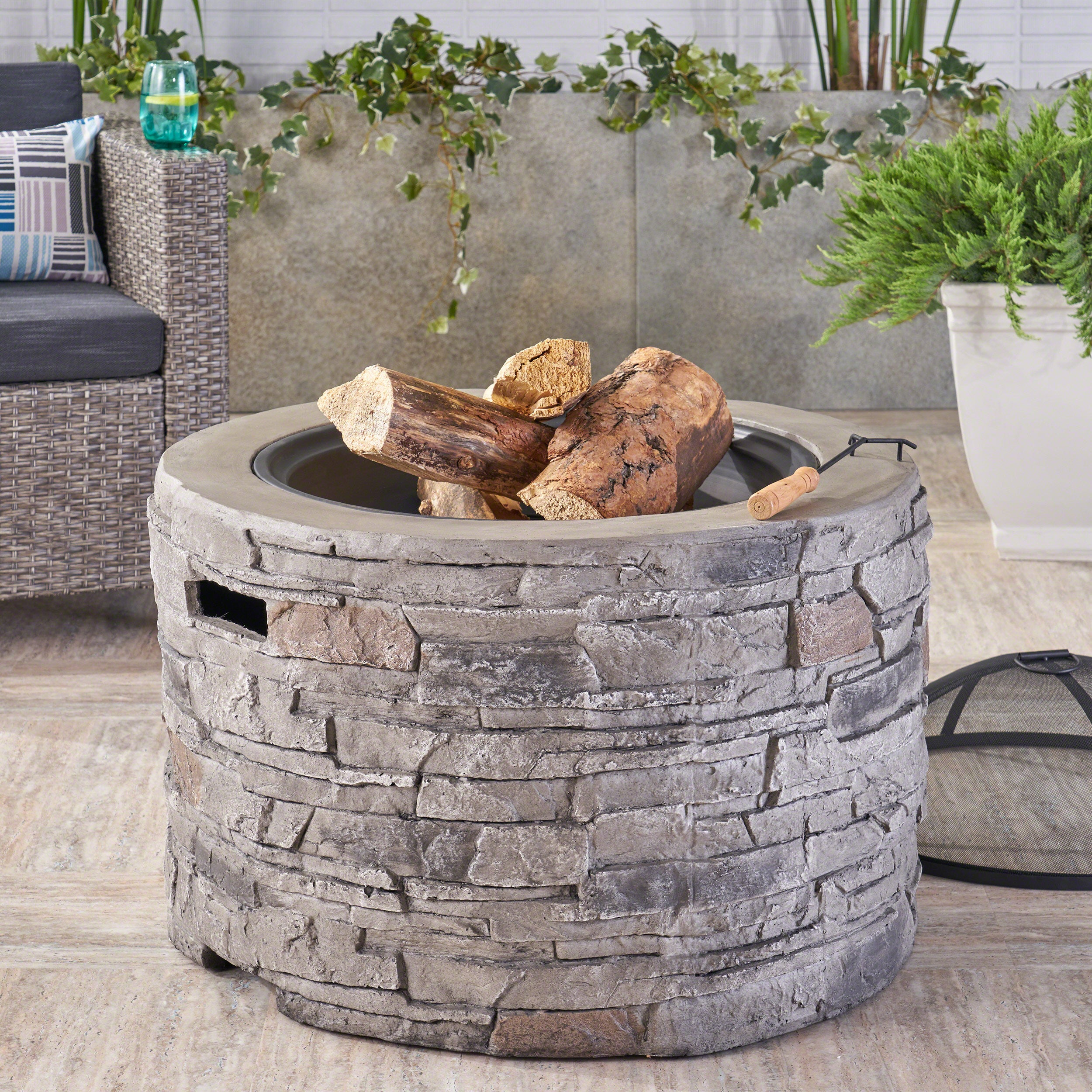 Dione Outdoor 32-inch Wood Burning Light-Weight Concrete Round Fire Pit, Grey