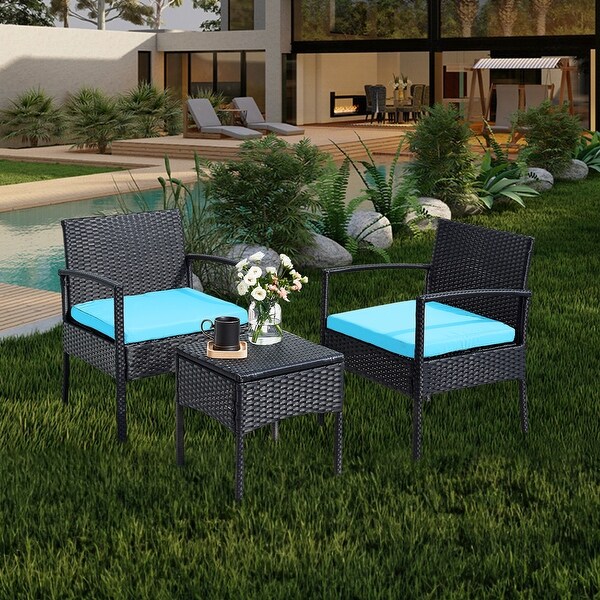 Outdoor Furniture 3 Piece Patio Bistro Furniture Set，Rattan Conversation Chairs Set with Side Table and Cushions