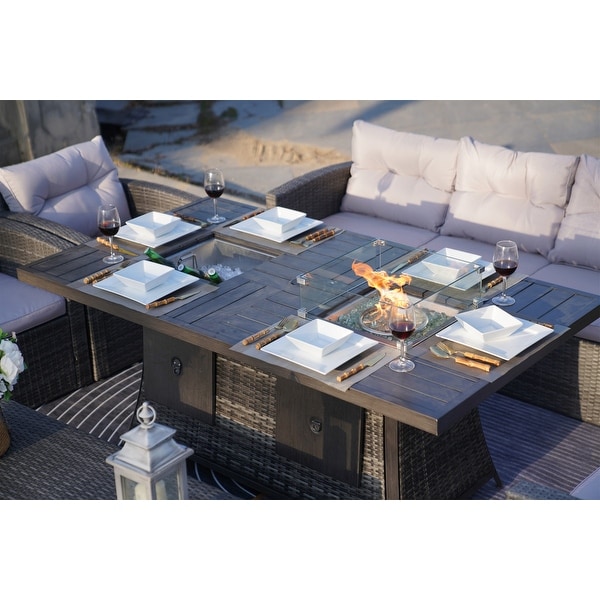 Patio Wicker Sofa Set With Firepit and Ice Container Rectangle Dining Table