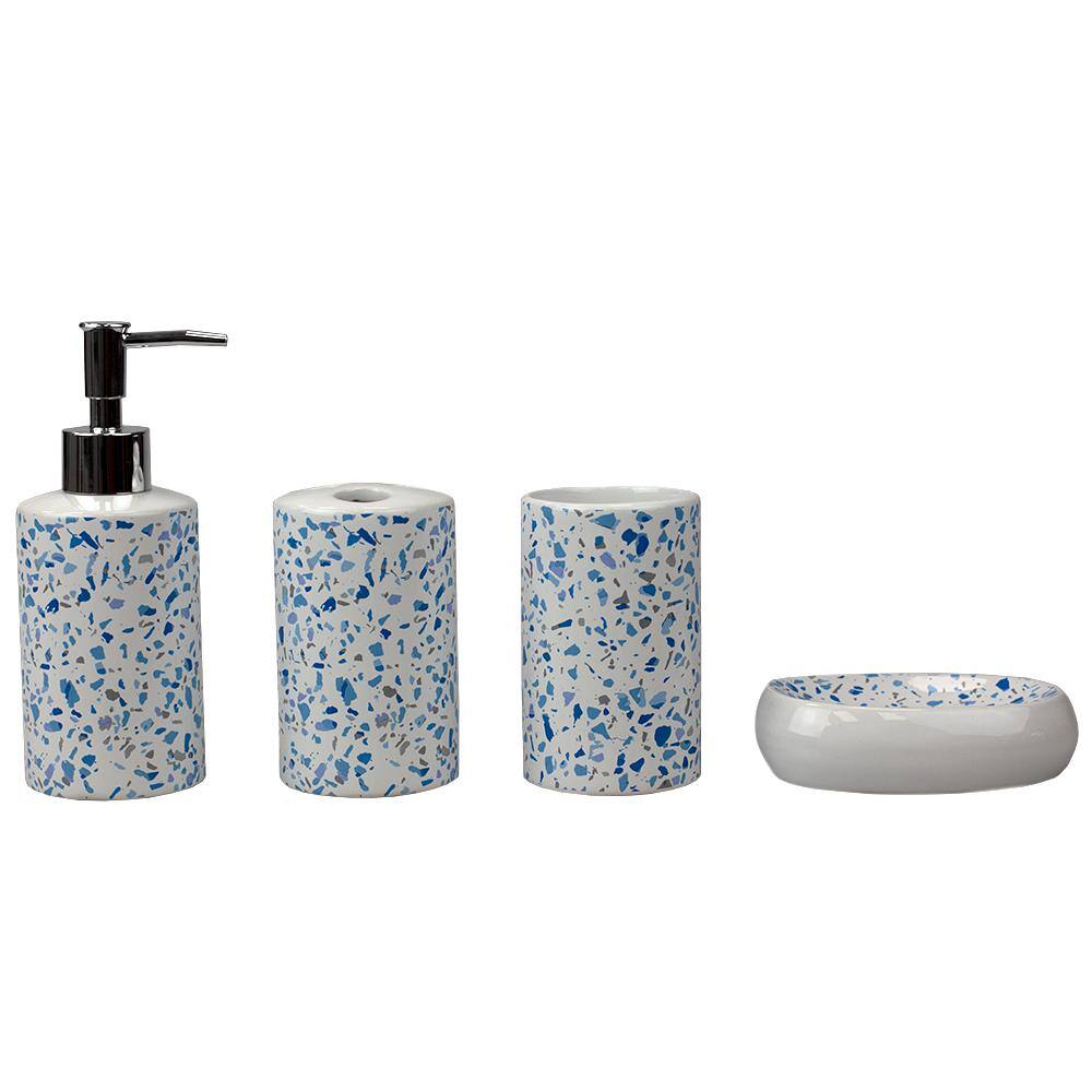 Home Basics Trendy Terrazzo 4-Piece Ceramic Bath Accessory Set in Blue HDC65630