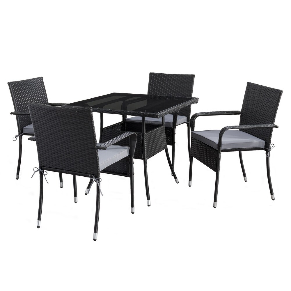 CorLiving Parksville Square Patio Dining Set  Stackable Chairs   Black Finish/Ash Grey Cushions 5pc