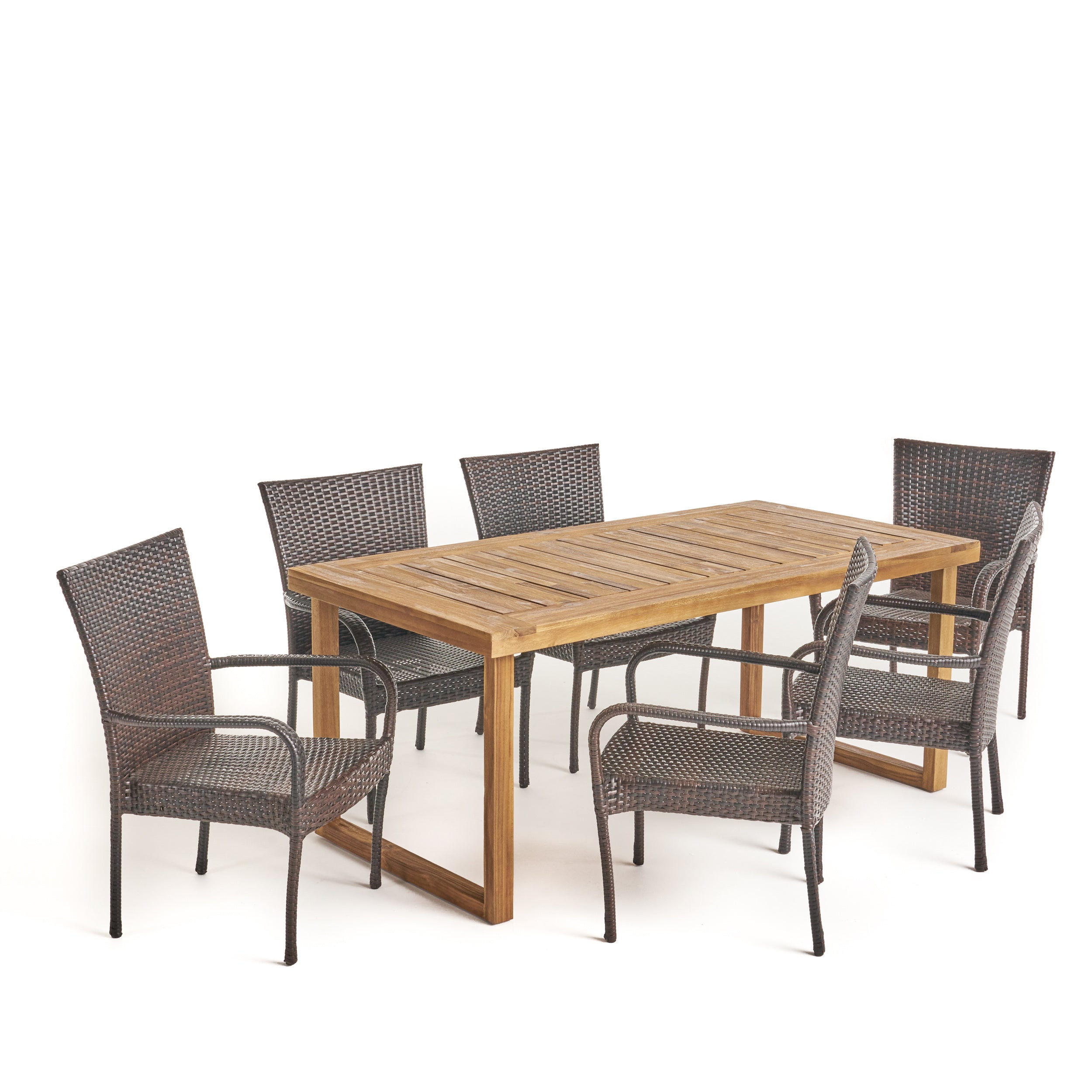 Louis Outdoor 7 Piece Acacia Wood Dining Set with Stacking Wicker Chairs