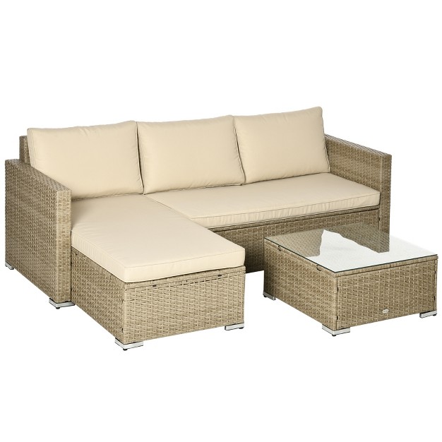 Outsunny 3 Piece Patio Furniture Set Rattan Outdoor Sofa Set With Chaise Lounge amp Loveseat Soft Cushions Storage Table Sectional Couch Khaki