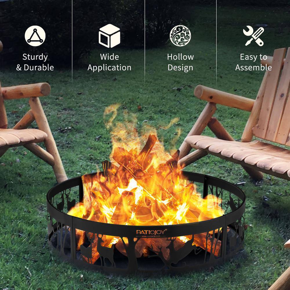 Costway 36 in. x 9 in. Round Metal Fire Pit Black Ring Deer with Extra Poker Bonfire Liner for Campfire OP70842