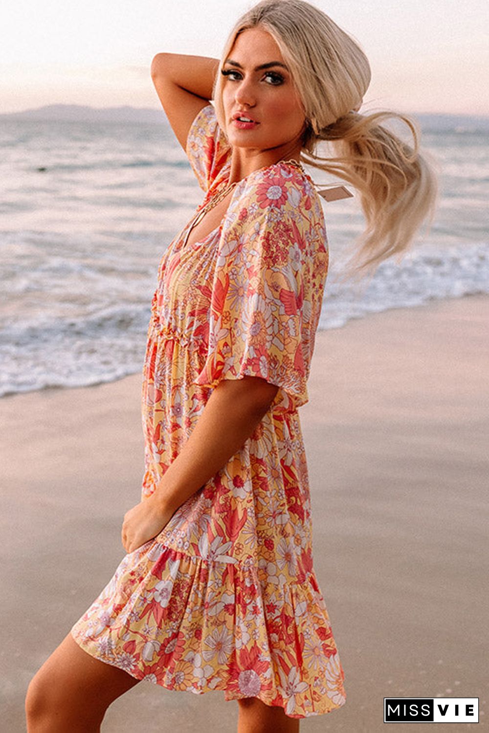 Orange Wide Flutter Sleeve Floral Dress