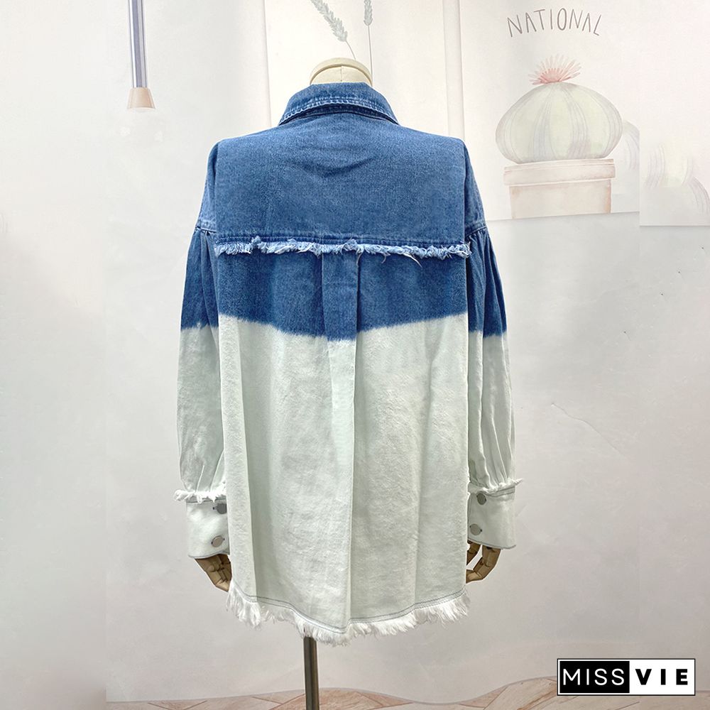 Gradient Color Pocket Tassel Open Button Denim Jackets