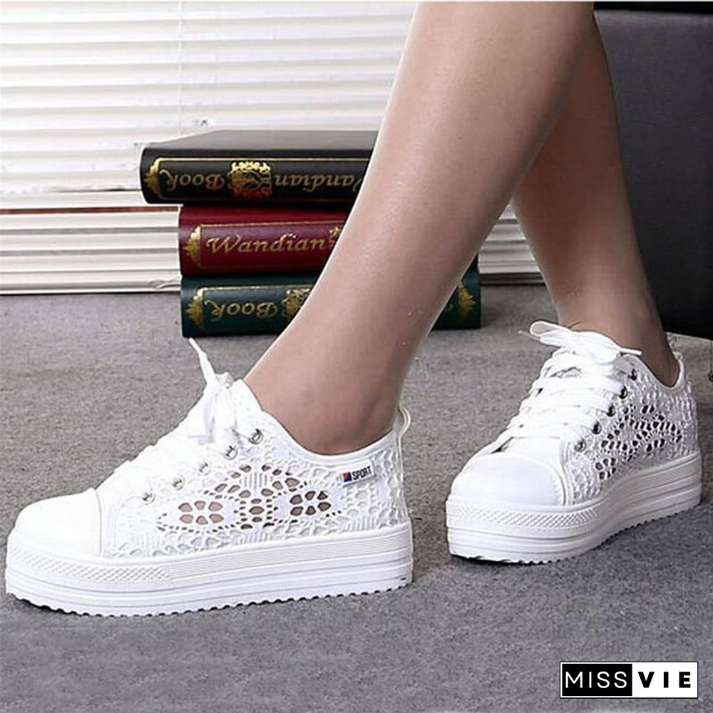 Women Shoes Fashion Summer Casual White Shoes Cutouts Lace Canvas Hollow Breathable Platform Flat Shoes Woman Sneakers