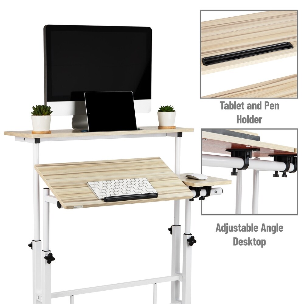 Mind Reader Woodland Collection  Mobile Sit/Stand Desk  Height Adjustable  Tiltable  Lockable Casters