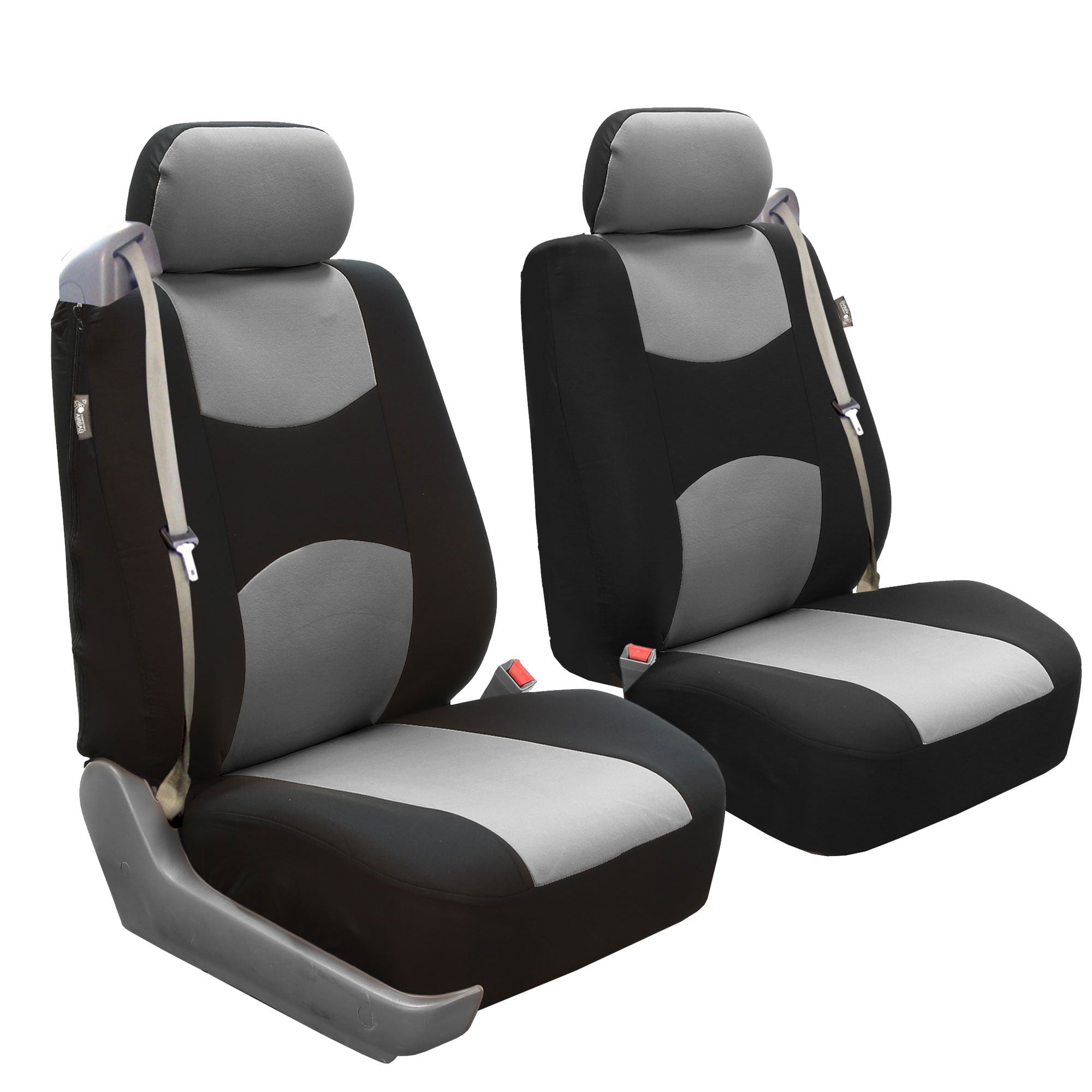 FH Group Flat Cloth Airbag and Built-In Seatbelt Compatible Low Back Seat Covers， Gray and Black， Pair