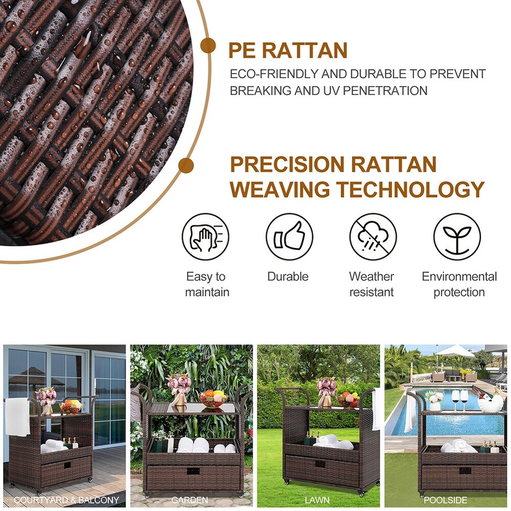 Outdoor Patio Wicker Rattan Serving Bar Cart Sideboard On Wheels Brown