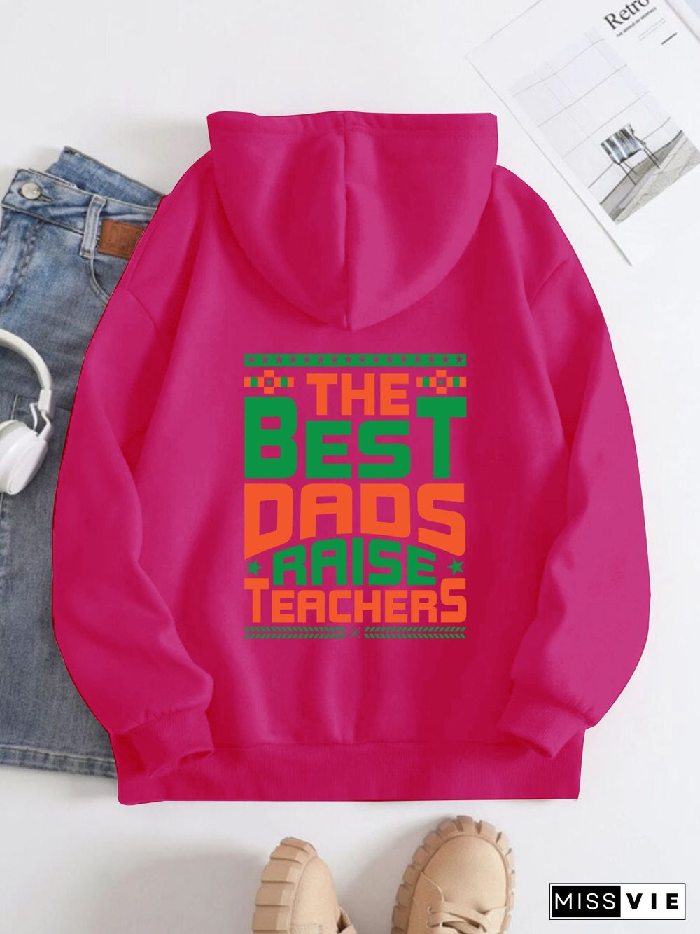 Printed on the Back Kangaroo Pocket Hoodie Long Sleeve for Women Pattern the best daos raise teachers