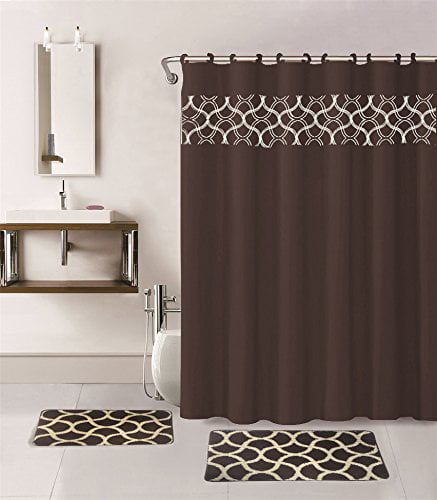 15-piece Hotel Bathroom Sets - 2 Non-Slip Bath Mats 1 Rugs Fabric Shower Curtain 12-Hooks GEOMETRIC BROWN