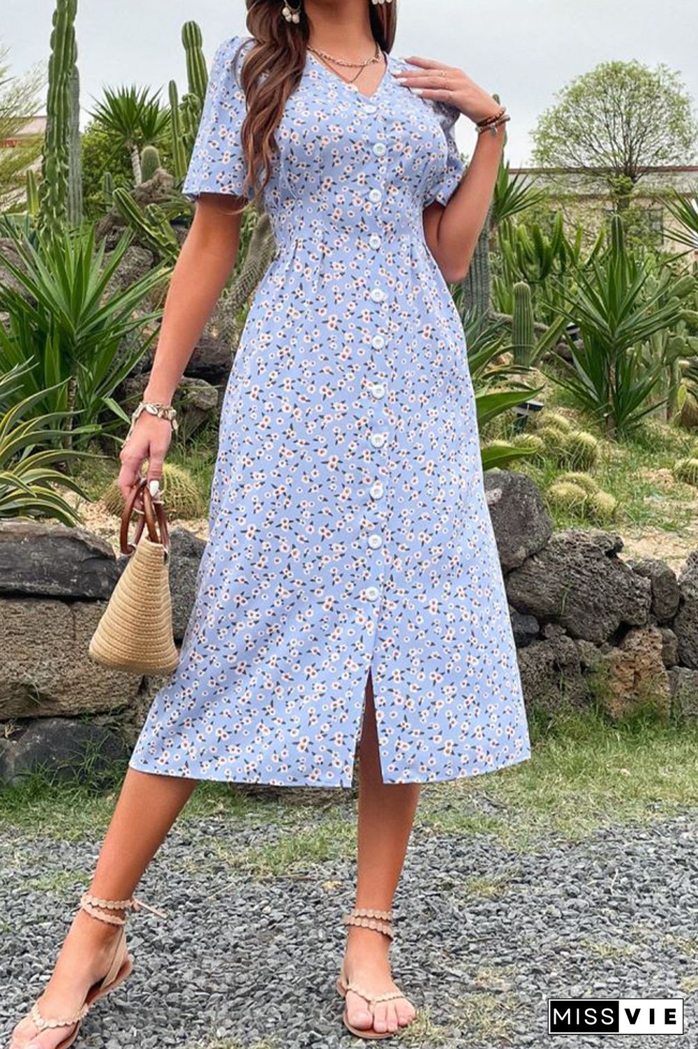 Floral Print Button Down Midi Dress Wholesale