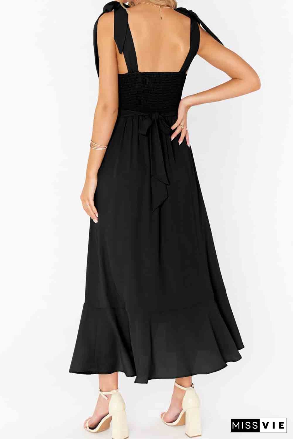 Black Tie Shoulder Smocked Back Side Slit Maxi Dress