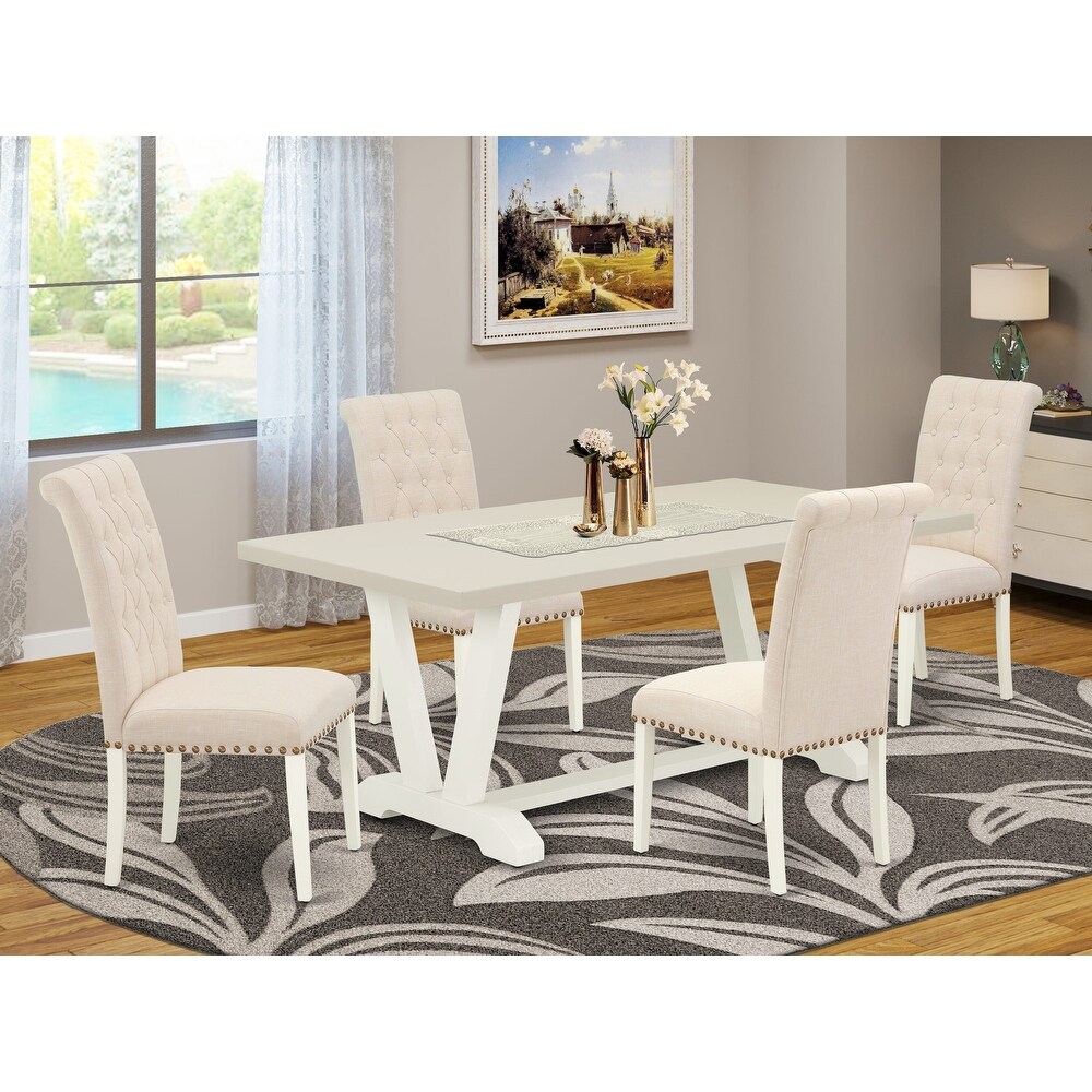 East West Furniture Dining Set  a Dining Table and Light Beige Linen Fabric Parson Chairs  Off White(Pieces Options)