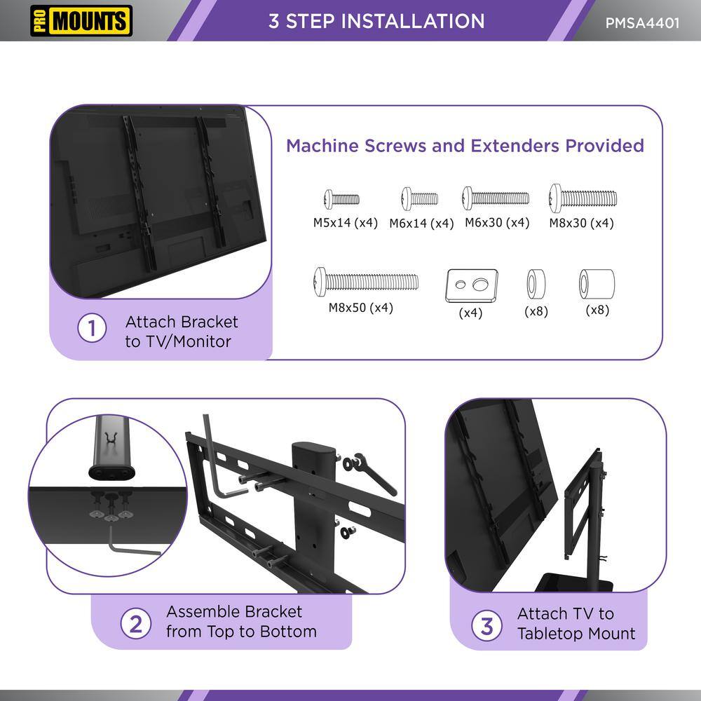 ProMounts Tabletop TV Stand Mount Fits 37 to 60 Inch FlatCurved TV's with 3 Adjustable Level Heights and Tempered Glass Base PMSA4401