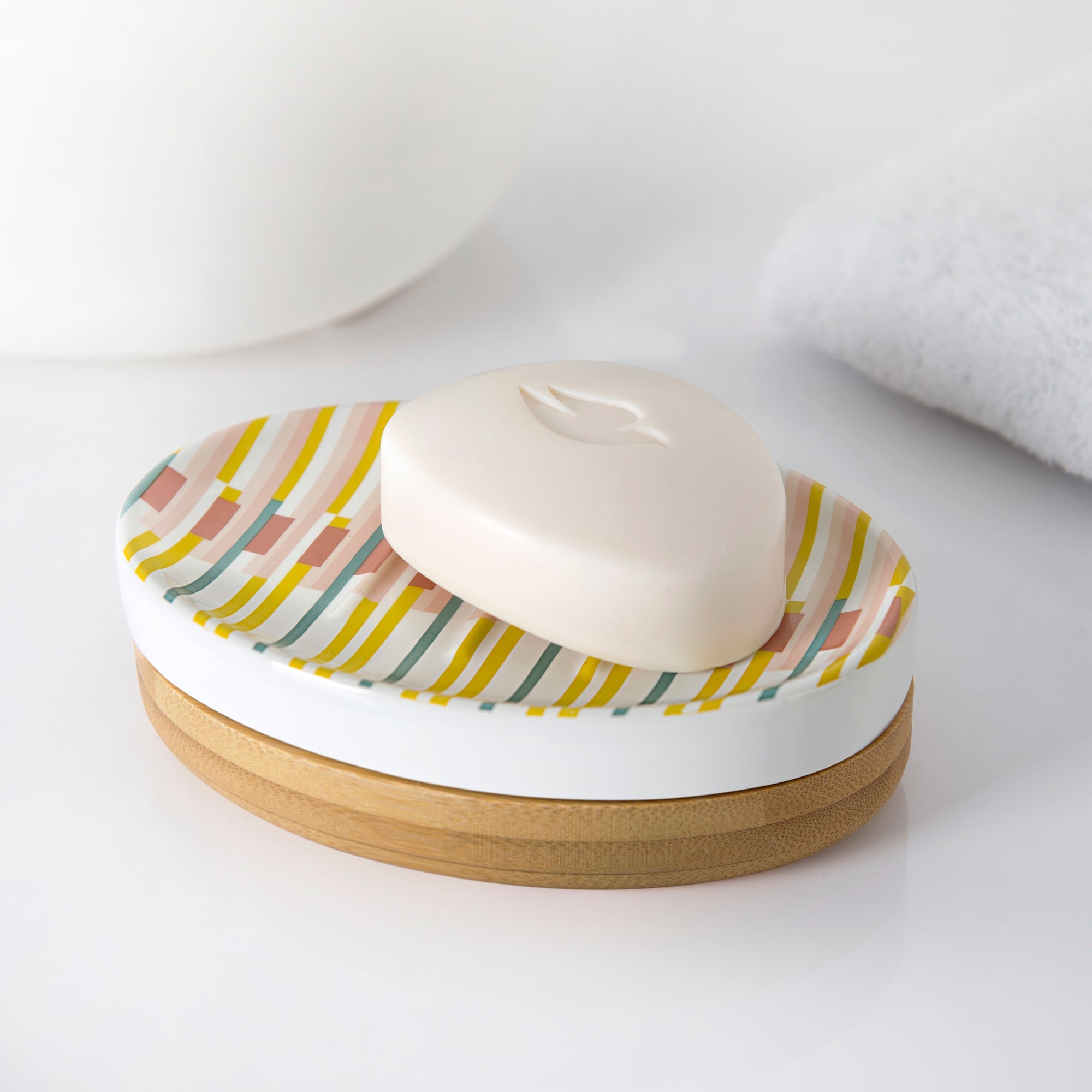 Market Stripe 4-Piece Ceramic with Bamboo Bath Accessory Set