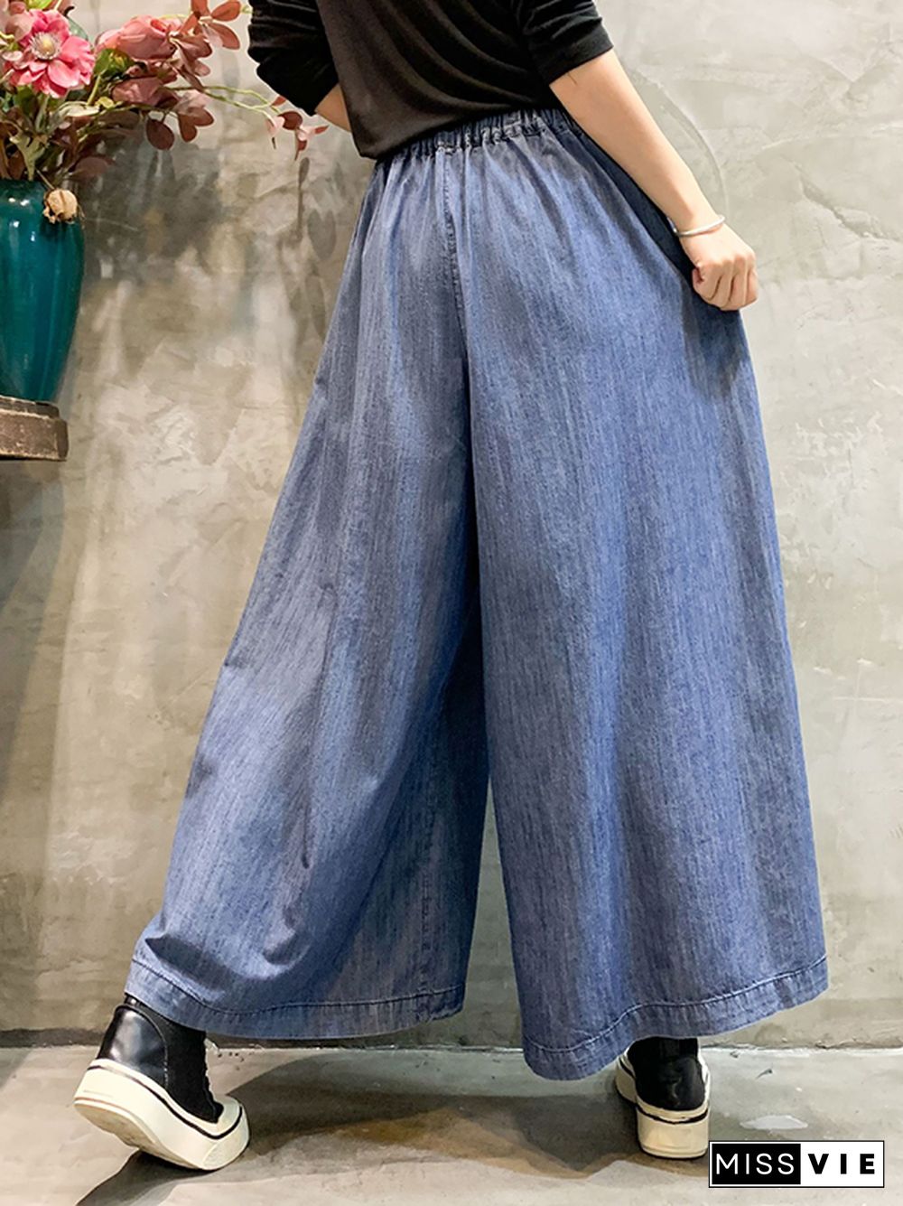 Casual Wide Leg Loose Color-Block Bandage Embroidered Jean Pants Bottoms