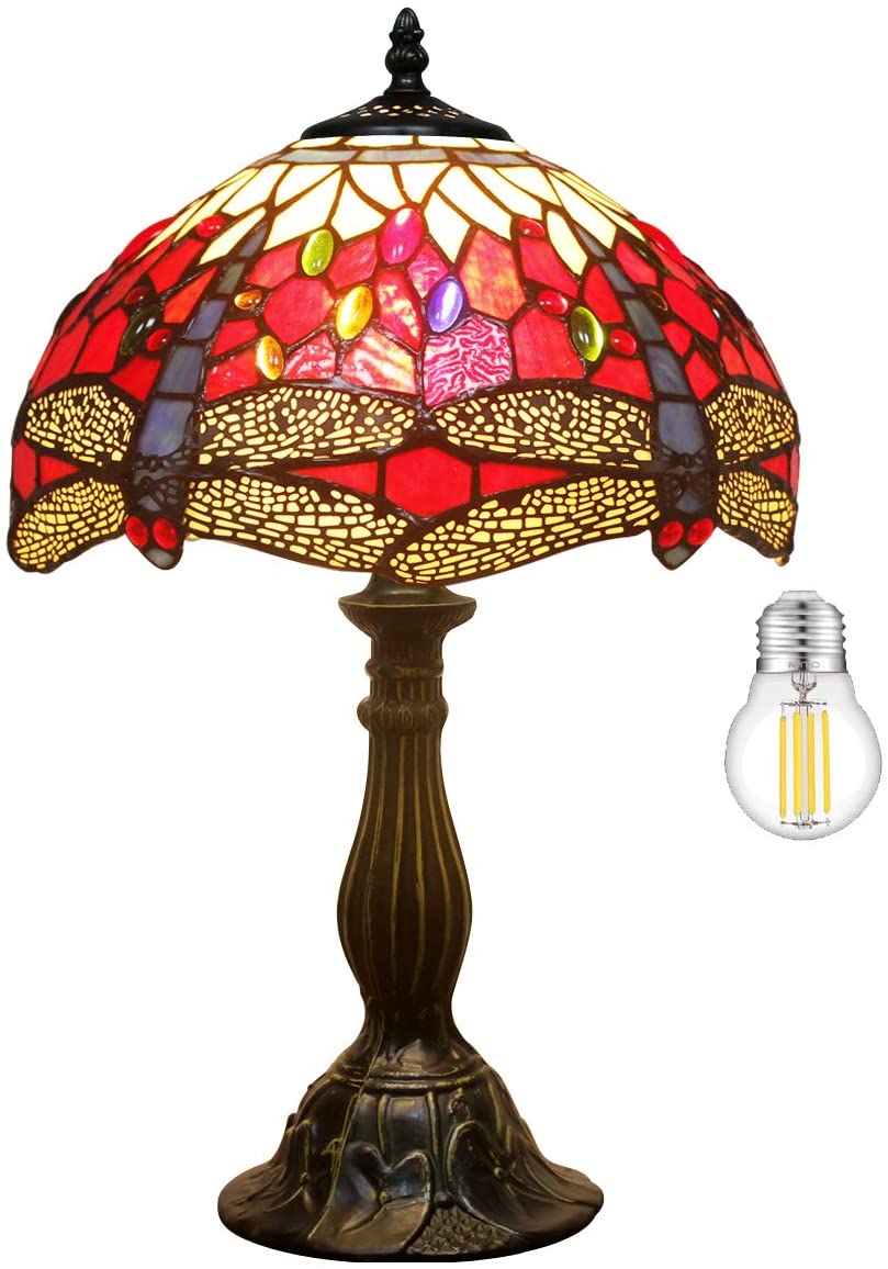 SHADY Tiffany Table Lamp Red Yellow Stained Glass Dragonfly Style Bedside Lamp Desk Reading Light 12X12X18 Inches Decor Bedroom Living Room Home Office S328 Series