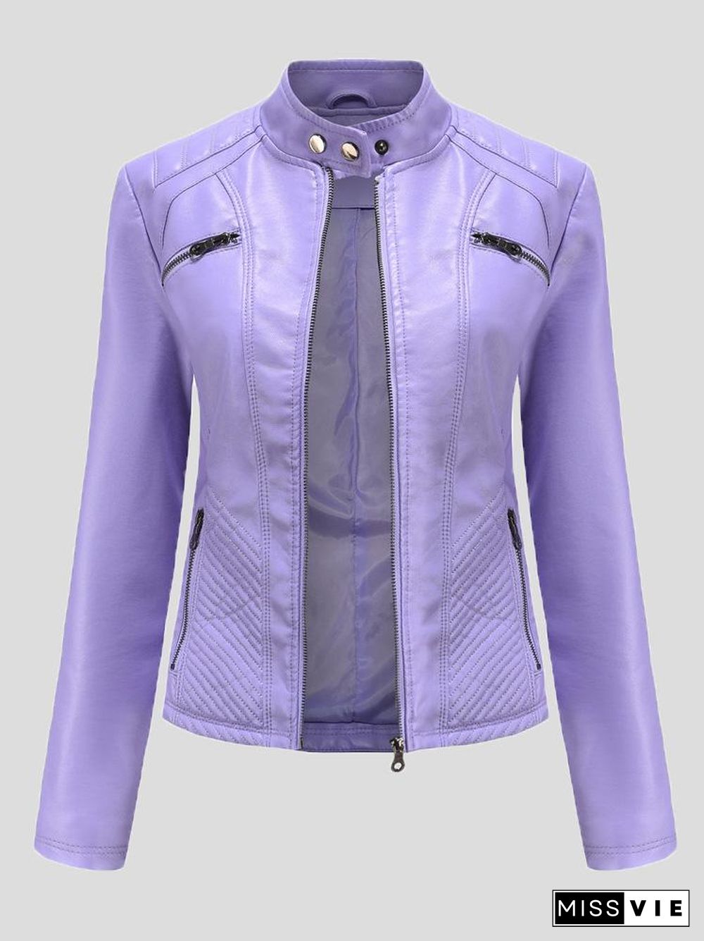 Women's Jackets Casual Stand-Collar Slim Solid Leather Jacket