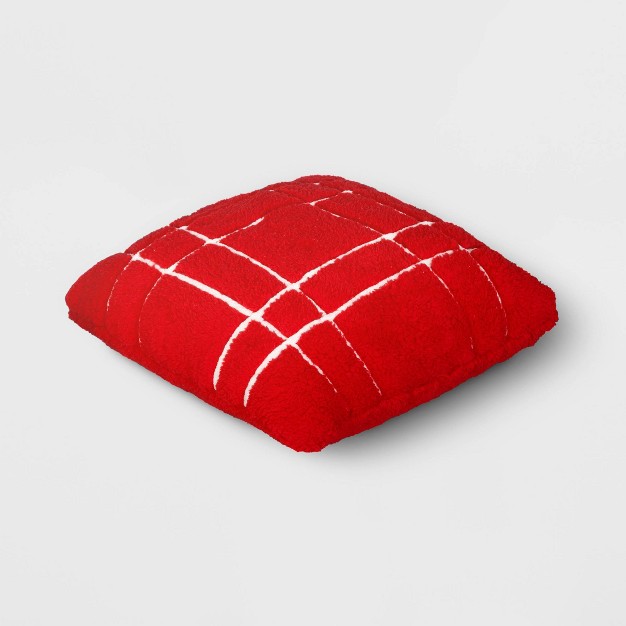 Faux Shearling Plaid Christmas Square Throw Pillow Cover Red white