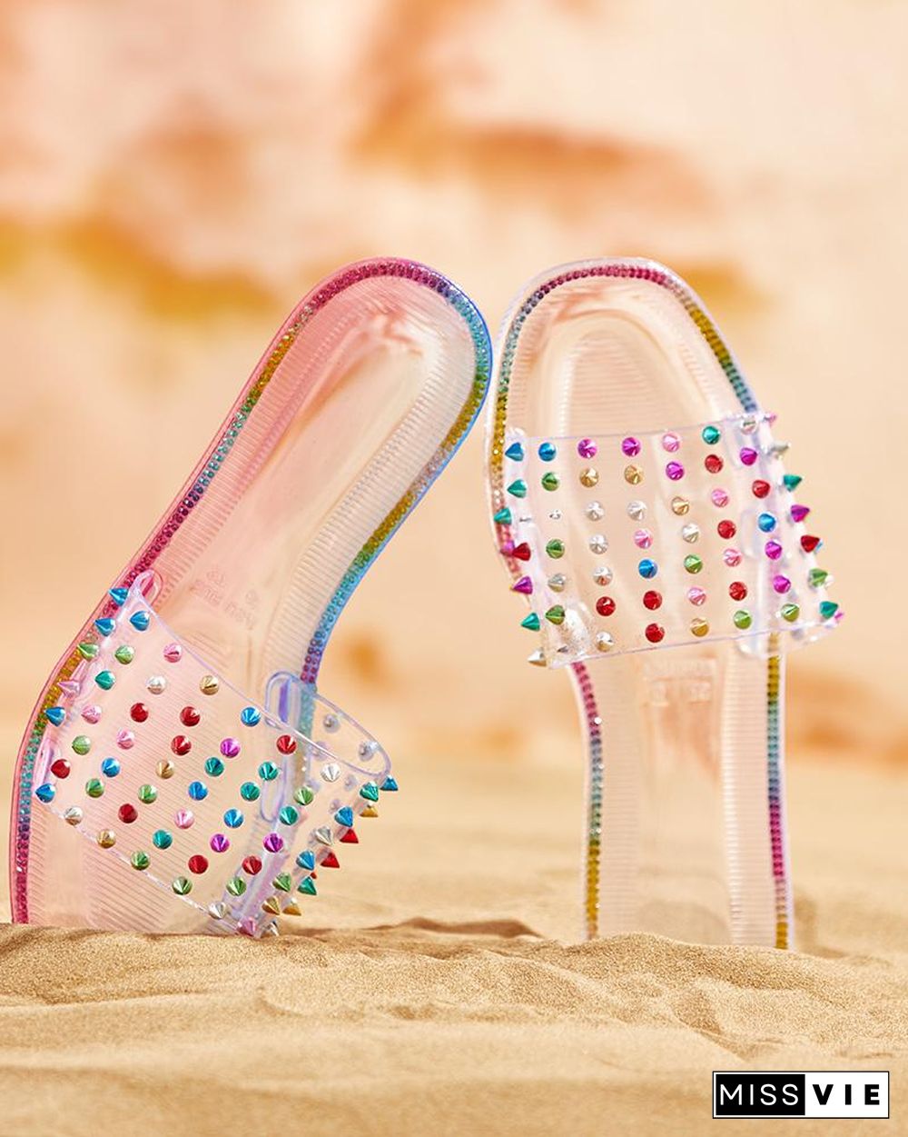 Colorful Rivet Clear Perspex Studded Slippers