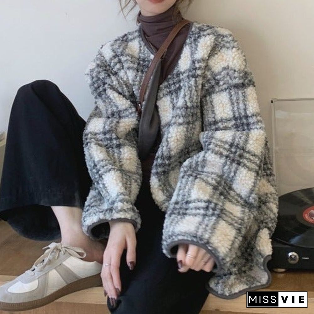 Thickened Warm Plaid Loose Personalized Long Sleeve Coat for Women