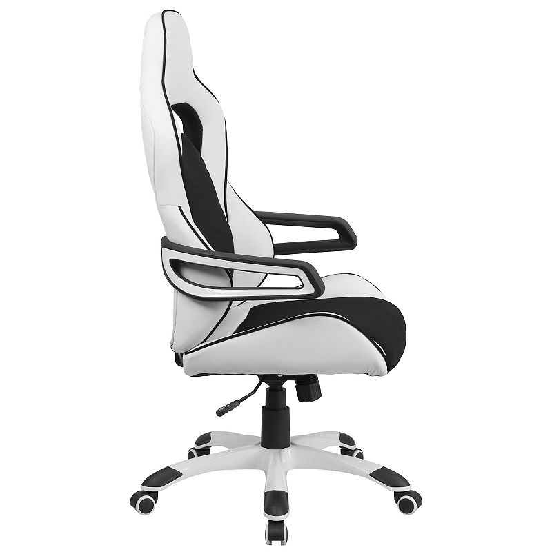 Emma and Oliver High Back White Vinyl/Black Fabric Executive Swivel Arm Office Chair