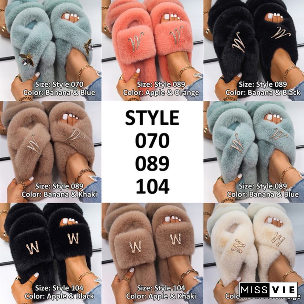 Fluffy Warm Women Home Slippers Fur Rhinestone Crystal Platform Shoes Indoor Flip Flops Female Soft Casual Slides Cotton Fur Slippers