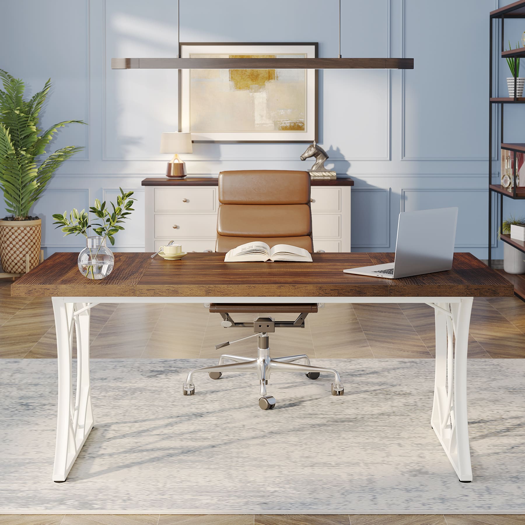 63-Inch Executive Desk, Industrial Computer Desk with Wooden Tabletop