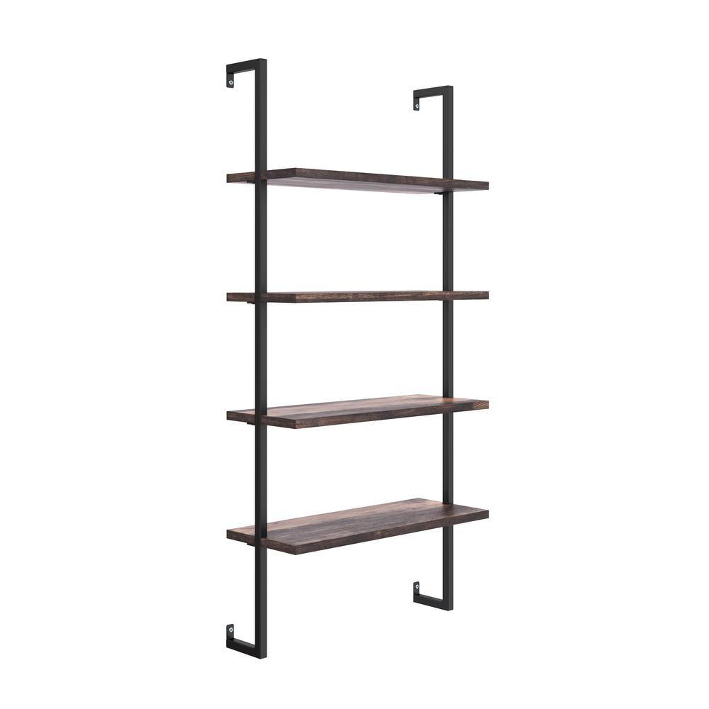 Nathan James Theo Nutmeg Brown 4-Shelf Wood 64 in. Black Pipe Metal Frame Floating Wall Mount Shelves Bookcase 65701