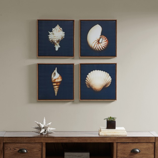 Square Ocean Seashells Framed Canvas Decorative Wall Art Set Blue