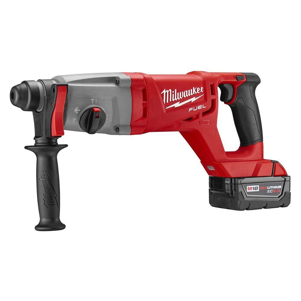 MW M18 FUEL 18V Lithium-Ion Brushless Cordless 1 in. SDS-Plus D-Handle Rotary Hammer Kit w Two 5.0Ah Batteries  Case 2713-22