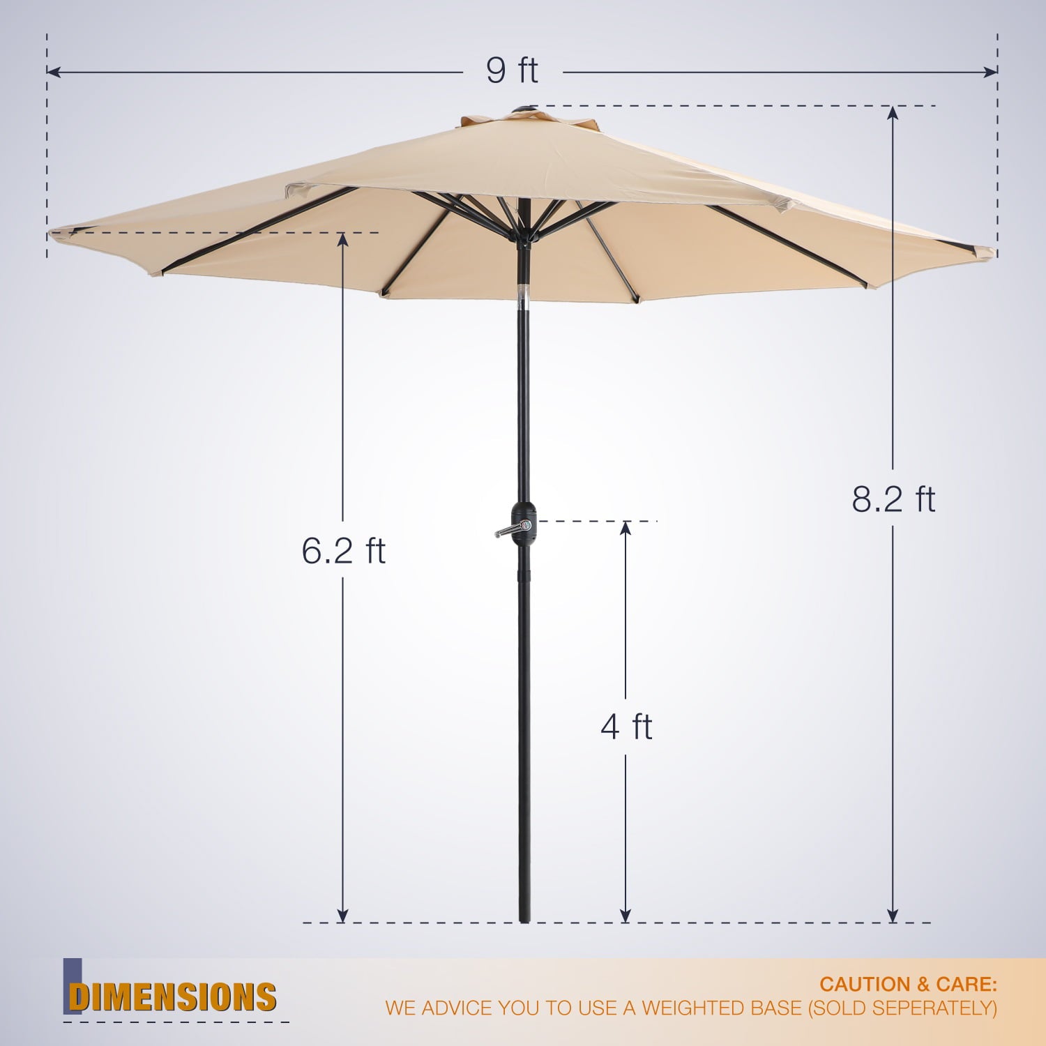 MF Studio 9ft Patio Umbrella with 8 Sturdy Ribs with Push Button Tilt/Crank Outdoor Market Table Umbrellas, Beige