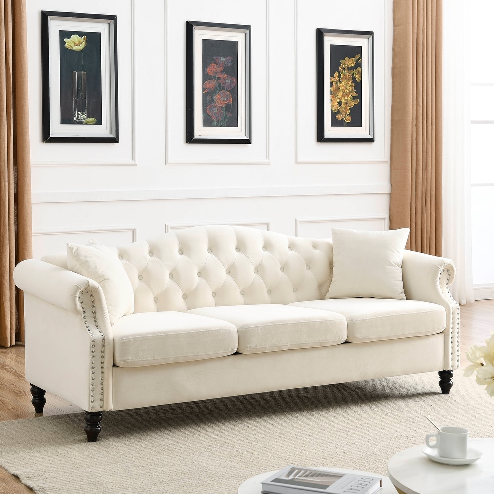 Beige Velvet Nailhead Trim Sofa Set  3 Seater + Loveseat