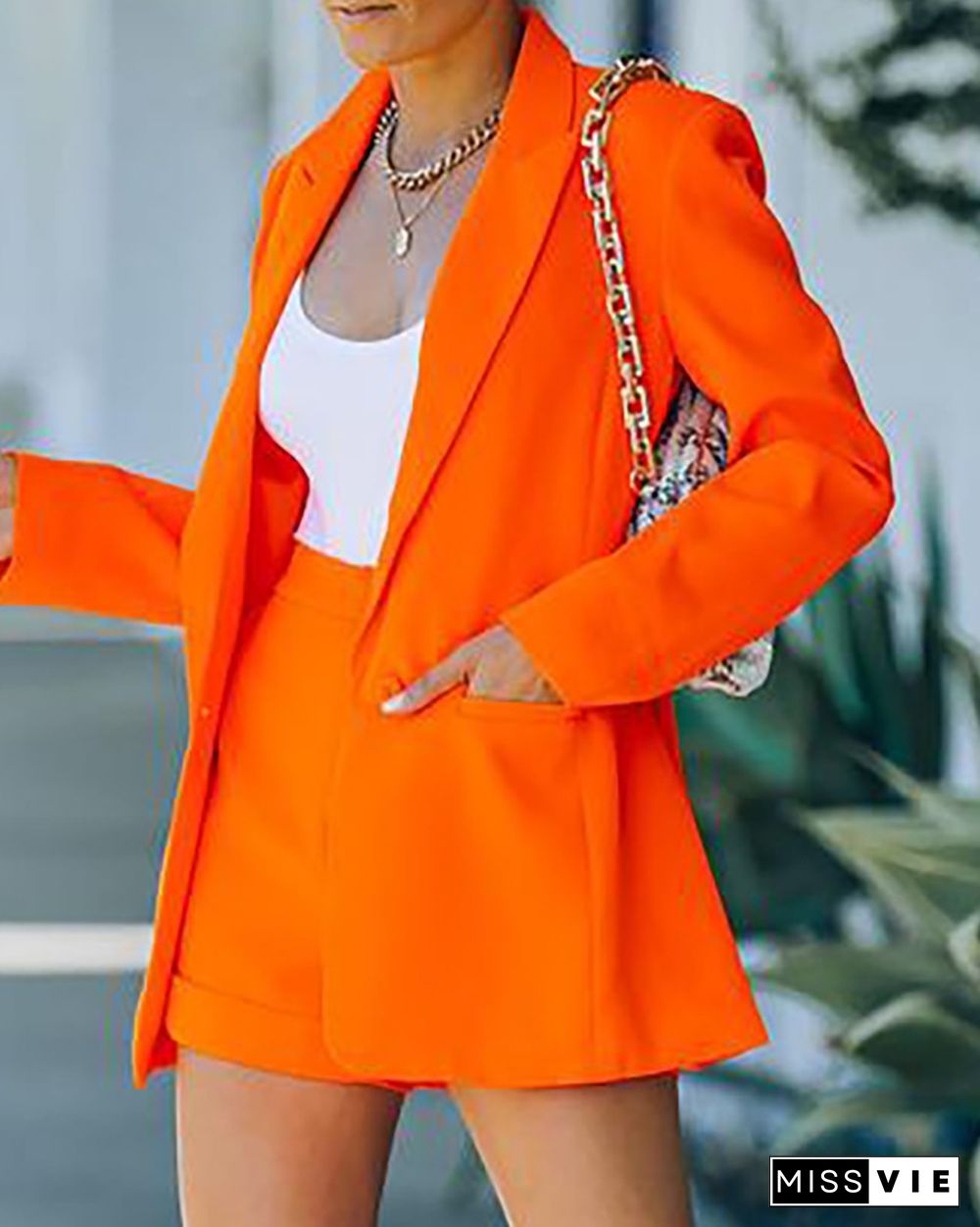 Plain Long Sleeve Blazer Coat & Shorts Set