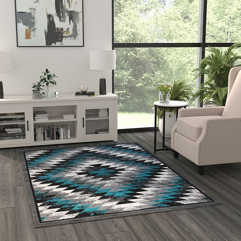 Masada Rugs Masada Rugs Stephanie Collection 5'x7' Area Rug with Distressed Southwest Native American Design 1106 in Turquoise， Gray， Black and White