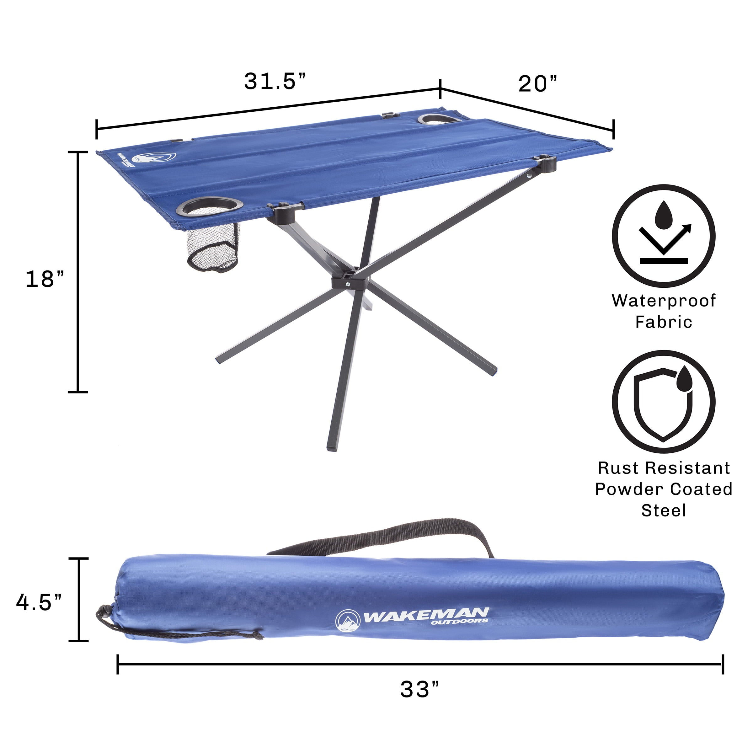 Camp Table-Outdoor Folding Table with 2 Cupholders and Carrying Bag-For Camping， Hiking， Beach， Picnic， or Sporting Events by Wakeman Outdoors (Blue)