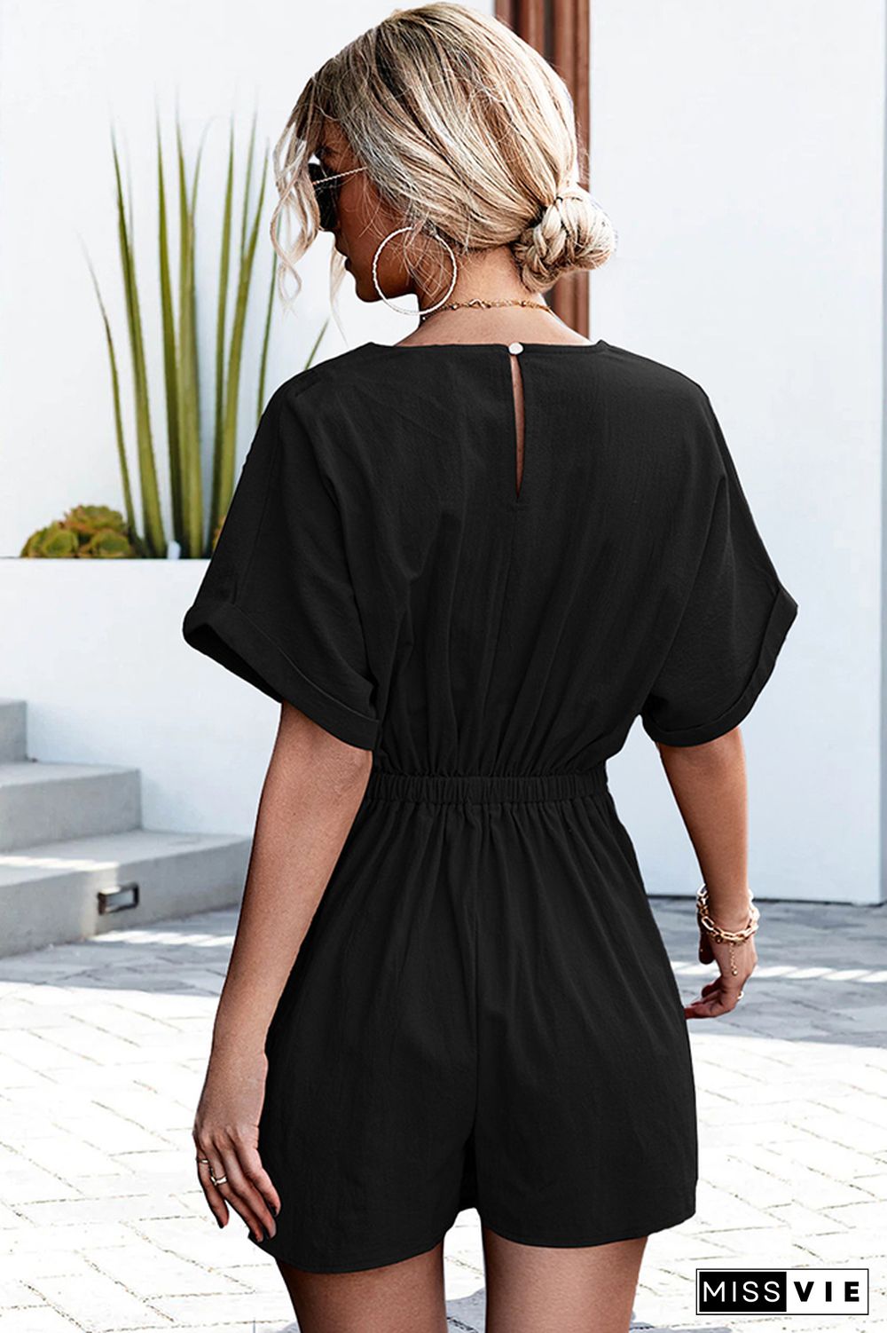 Plain Wrap V Neck Side Tie High Waist Rompers