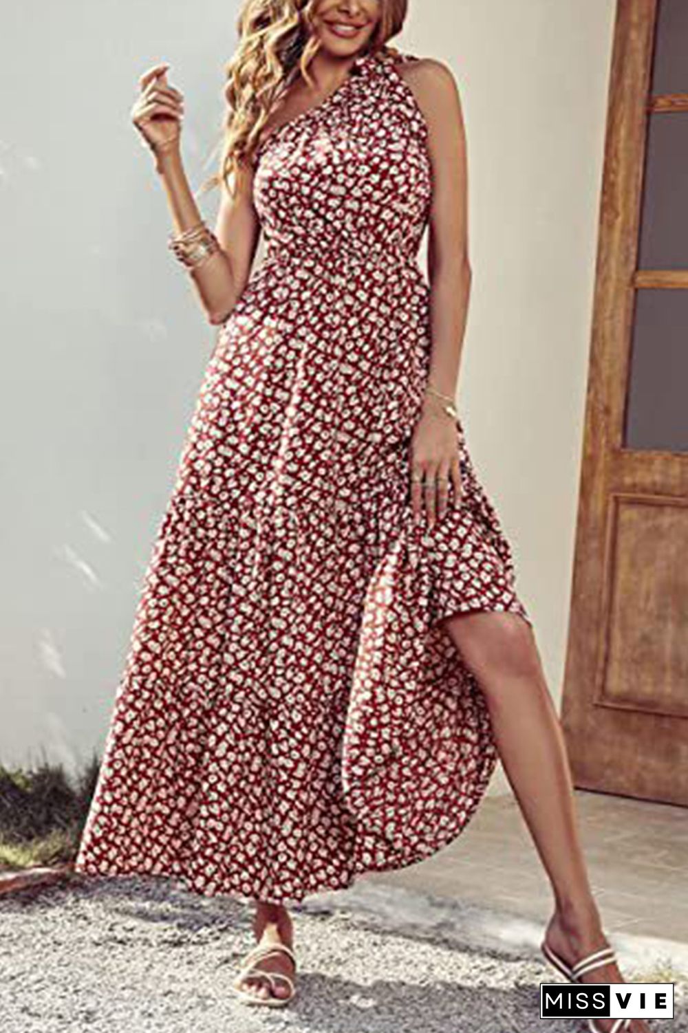 Floral Print One Shoulder High Waist Dress Wholesale