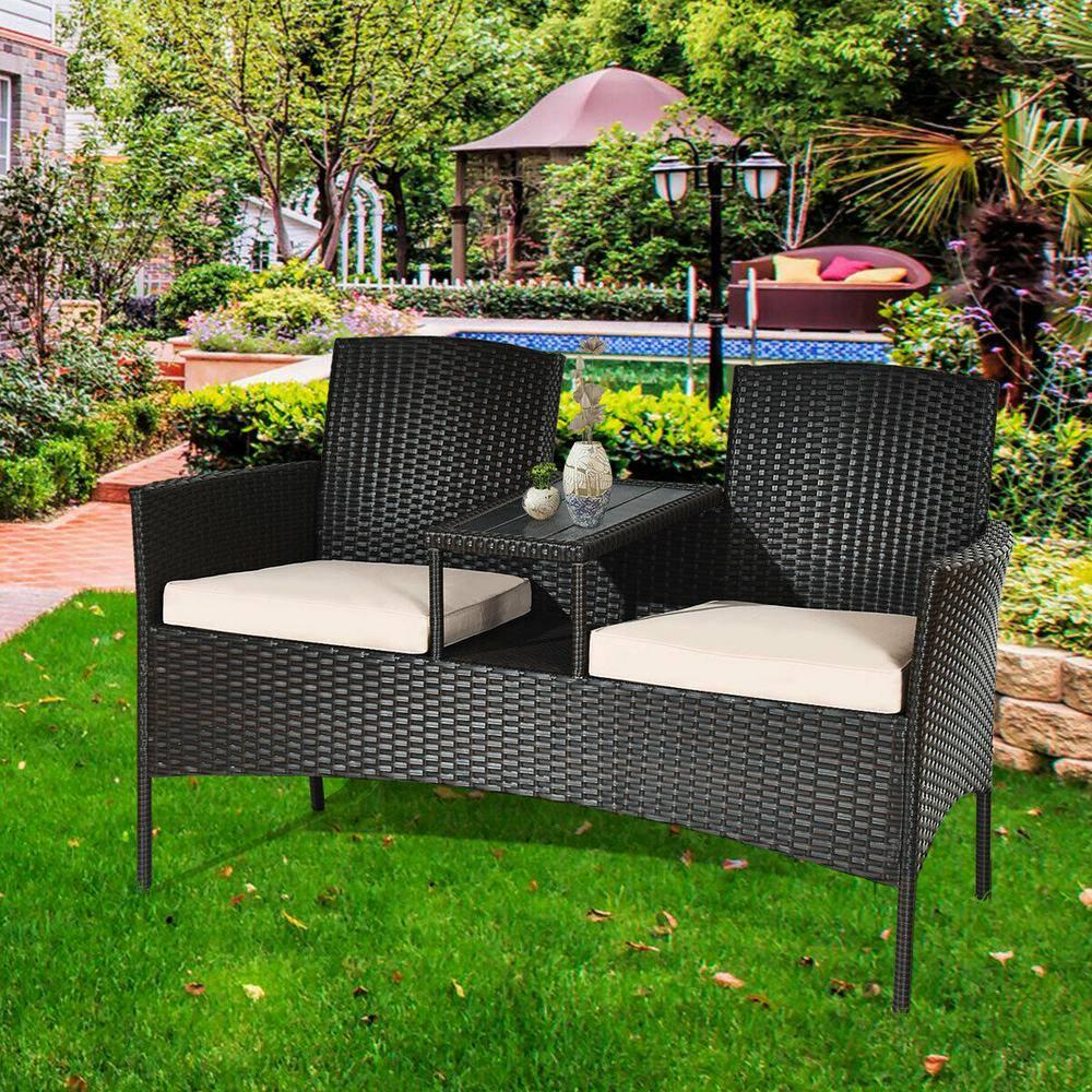 WELLFOR 1Piece Wicker Outdoor Loveseat with Beige Cushions and BuiltIn Table